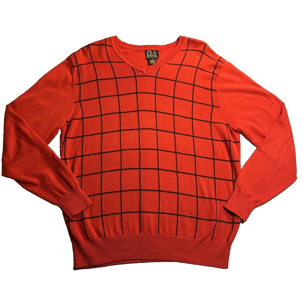 Jos. A. Bank Sweater Men's Red Excellent Windowpane Grid V-Neck Cotton Sz Medium